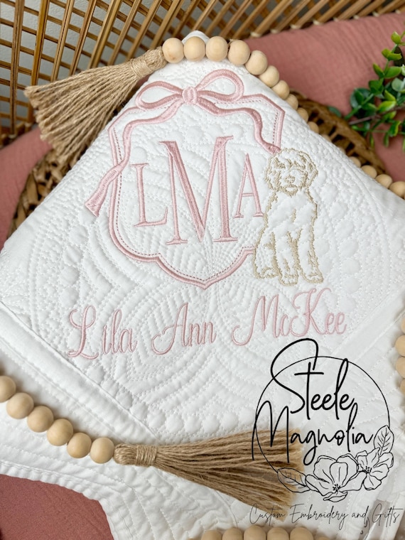 Goldendoodle Baby Girl Blanket Golden Doodle Nursery Decor Embroidered Name Baby Heirloom Quilt Personalized Golden Doodle Baby Shower Gift
