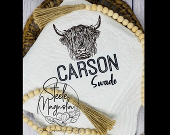 Highland Cow Baby Heirloom Quilt Custom Baby Blanket Embroidered Name Baby Quilt Personalized Baby Blanket Western Nursery Baby Shower Gift