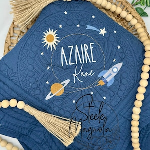 Outer Space Baby Blanket Solar System Baby Shower Gift Embroidered Moon Stars Baby Heirloom Quilt Custom Name Astronaut Rocket Personalized
