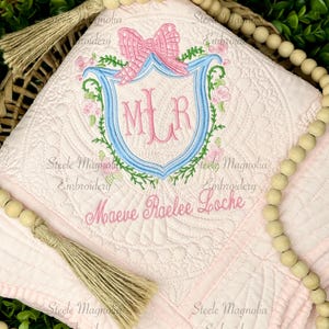 Pink Bow Baby Flowers Heirloom Quilt Girl Blanket Embroidered Floral Crest Custom Name Baby Blanket Personalized Baby Shower Gift for Girl