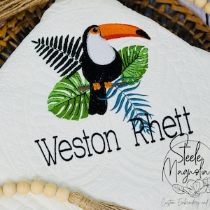 Rainforest Nursery Decor Blanket Custom Baby Heirloom Quilt Toucan Baby Blanket Personalized Nursery Decor for Rainforest Baby Shower Gift