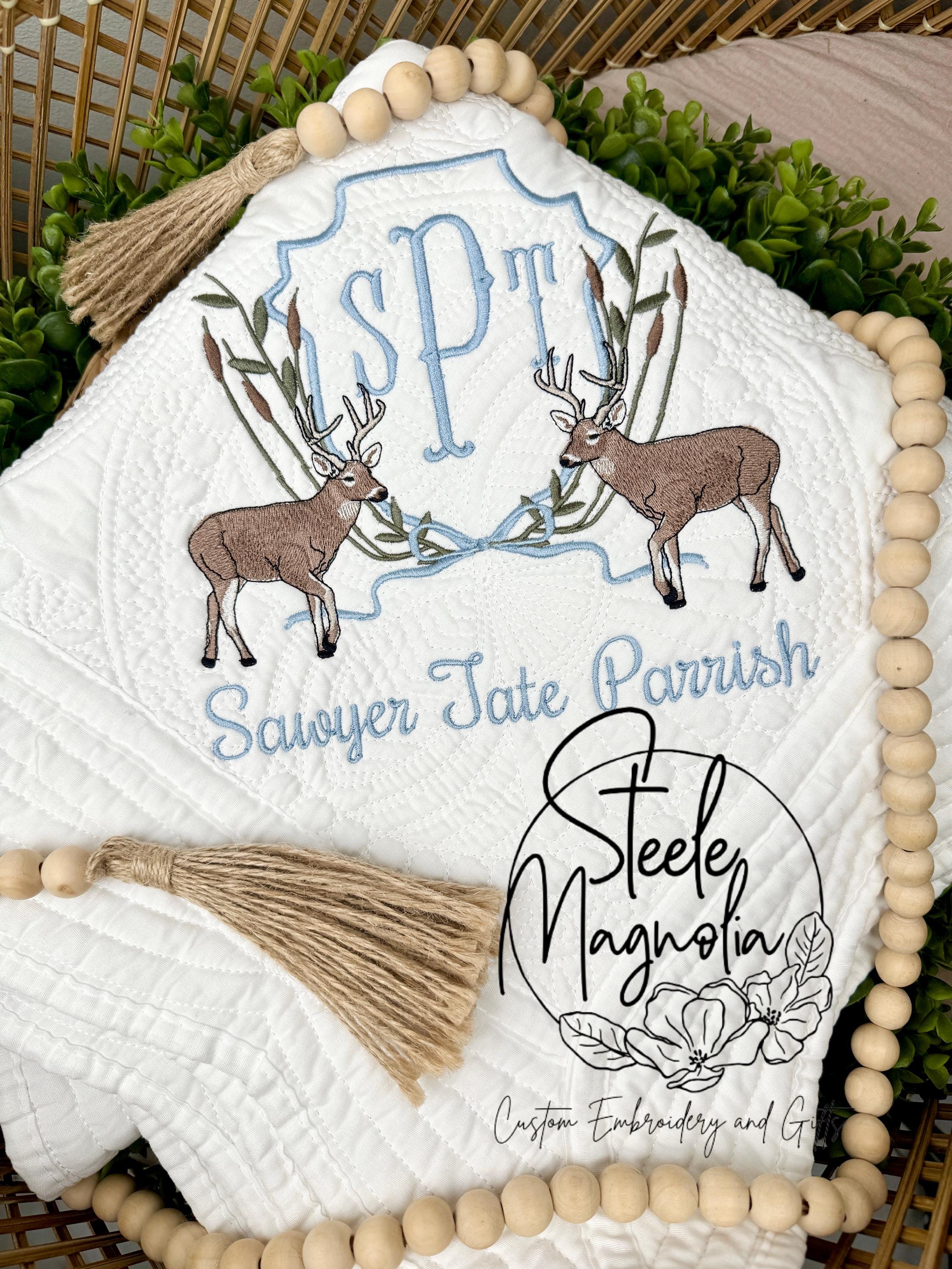 Deer Nursery Decor Hunting Baby Blanket Deer Hunting Nursery Custom Heirloom Quilt Embroidered Baby Blanket Personalized Baby Shower Gift