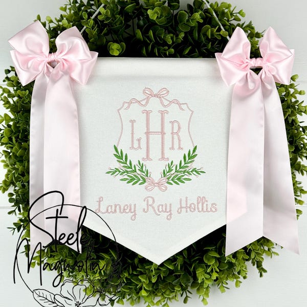 Pink Bow Floral Baby Banner Hospital Door Announcement Sign Embroidered Bespoke Banner for Nursery Personalized Flower Girl Baby Shower Gift