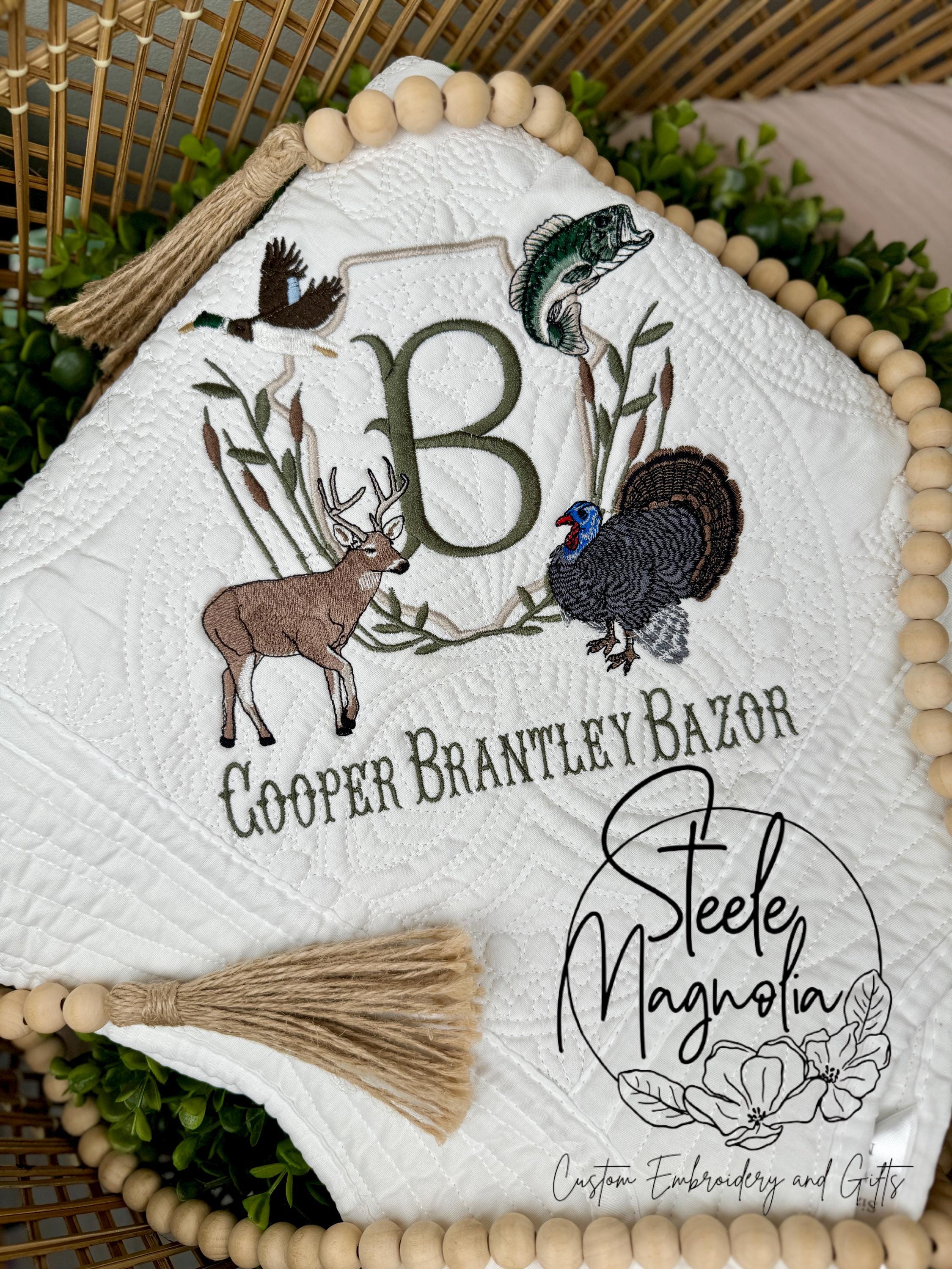 Hunting Nursery Decor Mallard Baby Blanket Deer Hunting Nursery Turkey Custom Heirloom Quilt Embroidered Personalized Fishing Baby Shower
