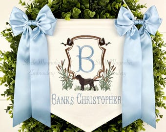 Labrador Retriever Embroidered Baby Banner Boy Nursery Decor Personalized Baby Name Sign Custom Name Bespoke Keepsake Dog Baby Shower Gift