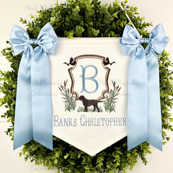 Labrador Retriever Embroidered Baby Banner Boy Nursery Decor Personalized Baby Name Sign Custom Name Bespoke Keepsake Dog Baby Shower Gift
