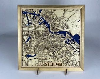 Carte en couches découpée au laser de la ville d&#39;Amsterdam / Carte 3D / Plan de la ville fait main / Cadeau de mariage / Cadeau de pendaison de crémaillère / Cadeau d&#39;anniversaire
