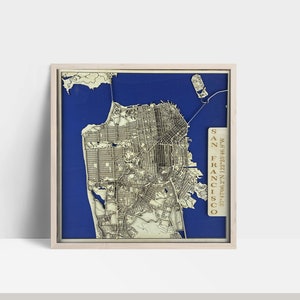 Carte en couches découpée au laser de la ville de San Francisco / Carte 3D / Plan de la ville fait main / Cadeau de mariage / Cadeau pour maman / Cadeau de pendaison de crémaillère / Cadeau d'anniversaire