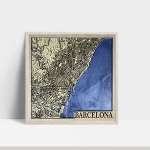 Carte en couches découpée au laser de la ville de Barcelone en résine époxy / Carte 3D / Plan de la ville fait main / Cadeau de mariage / Cadeau de pendaison de crémaillère / Cadeau d'anniversaire