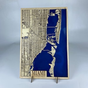 Carte en couches découpée au laser de la ville de Miami en résine époxy / Carte 3D / Plan de la ville fait main / Cadeau de mariage / Cadeau de pendaison de crémaillère / Cadeau d'anniversaire