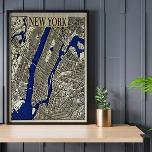 Carte en couches découpée au laser de la ville de New York / Carte 3D / Plan de la ville fait main / Cadeau de mariage / Cadeau pour maman / Cadeau de pendaison de crémaillère / Cadeau d'anniversaire