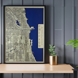 Mapa da cidade de Chicago cortado a laser em camadas / Mapa 3D / Mapa da cidade feito à mão / Presente de casamento / Presente para mãe / Presente de inauguração de casa / Presente de aniversário