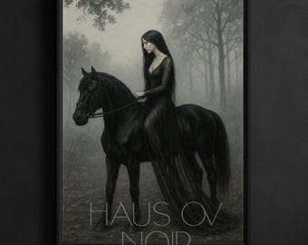 El jinete enlutado / Lámina artística de jinete gótico / Decoración de fantasía romántica oscura