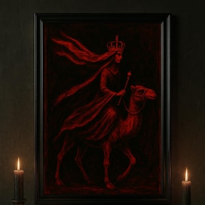 May include: A framed red artwork depicts a robed figure wearing a crown and riding a camel. Lit candles in ornate holders, a skull, and pomegranates sit on a dark wooden surface. The artwork and candles create a gothic theme.