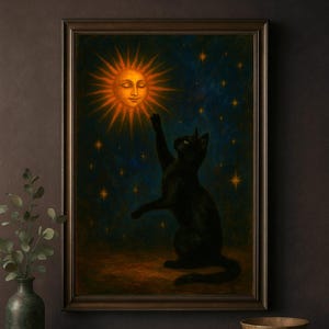 Lumen - Celestial Black Cat Print, Vertikales Poster, Gotische Hexe, okkulte Kunst, Ölgemälde, Wohnkultur, dunkle Kunst Wandkunst, Halloween-Dekor