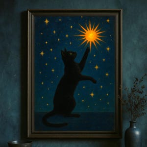 Lumen - Celestial Black Cat Print, Vertikales Poster, Gotische Hexe, okkulte Kunst, Ölgemälde, Wohnkultur, dunkle Kunst Wandkunst, Halloween-Dekor