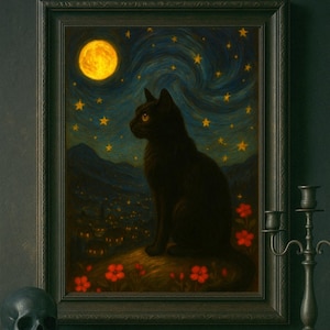 Starry Night Black Cat Print, Vertical Poster, Gothic Witch Occult Art, Oil Painting Home Decor, Dark Art Wall Art, Halloween Decor