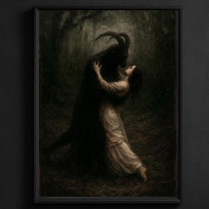 May include: Framed artwork showing a woman in a white dress embraced by a dark, horned figure. The painting has a gothic feel, set in a forest with muted green and brown tones, creating a dramatic atmosphere.