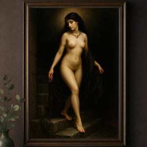 Puede incluir: Una pintura clásica enmarcada representa una figura desnuda descendiendo escaleras de piedra. La figura tiene cabello largo y oscuro y lleva un collar y brazalete de oro. Un paño oscuro cubre el brazo de la figura. La pintura está en un marco de madera oscura.