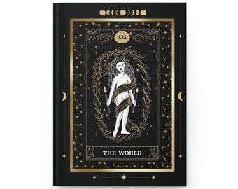 THE WORLD Tarot Card Hardcover Journal Matte | Black Gold | Celestial | Magical Mystical Astrology | Manifestation | Witchy | Goth