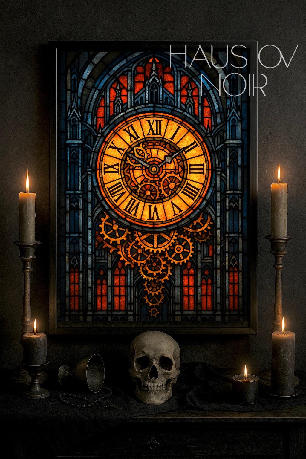 Steampunk Stained Glass Clock Art Print, Gothic Clockwork Decor ...