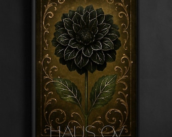 Lámina artística de dalia negra: pintura botánica floral oscura, obra de arte floral vintage gótica, decoración de pared con naturaleza melancólica.