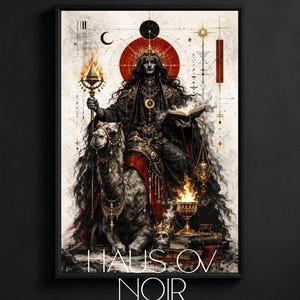 May include: Black framed art print featuring a detailed illustration of a robed figure with a crown, seated on a camel. The artwork includes a flaming torch, a book, and a chalice, with the text "HAUS OV NOIR" at the bottom.