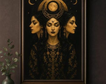 May include: A framed artwork featuring a woman with three faces, adorned with a crescent moon headdress and gold jewelry. The woman wears a black dress with gold floral patterns. The background is dark with crescent moons and stars.