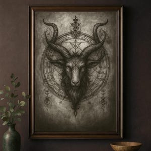 Baphomet Goat Sigil Art Print - Dark Occult Goat Head with Esoteric Symbols | Black Magic Gothic Wall Decor | Alchemy-Inspired Illustration