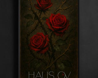 Dunkle Rose Kunstdruck, Gothic Dornige Rosen Malerei, Stimmungsvolle Blumen Wandkunst, Witchy Botanische Illustration, Dark Academia Wohnkultur