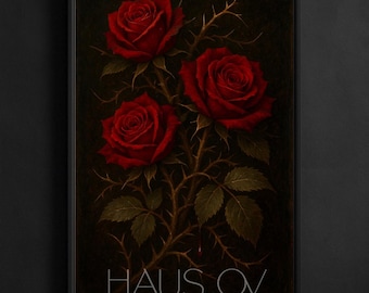 Dunkle Rose Kunstdruck, Gothic Dornige Rosen Malerei, Stimmungsvolle Blumen Wandkunst, Witchy Botanische Illustration, Dark Academia Wohnkultur