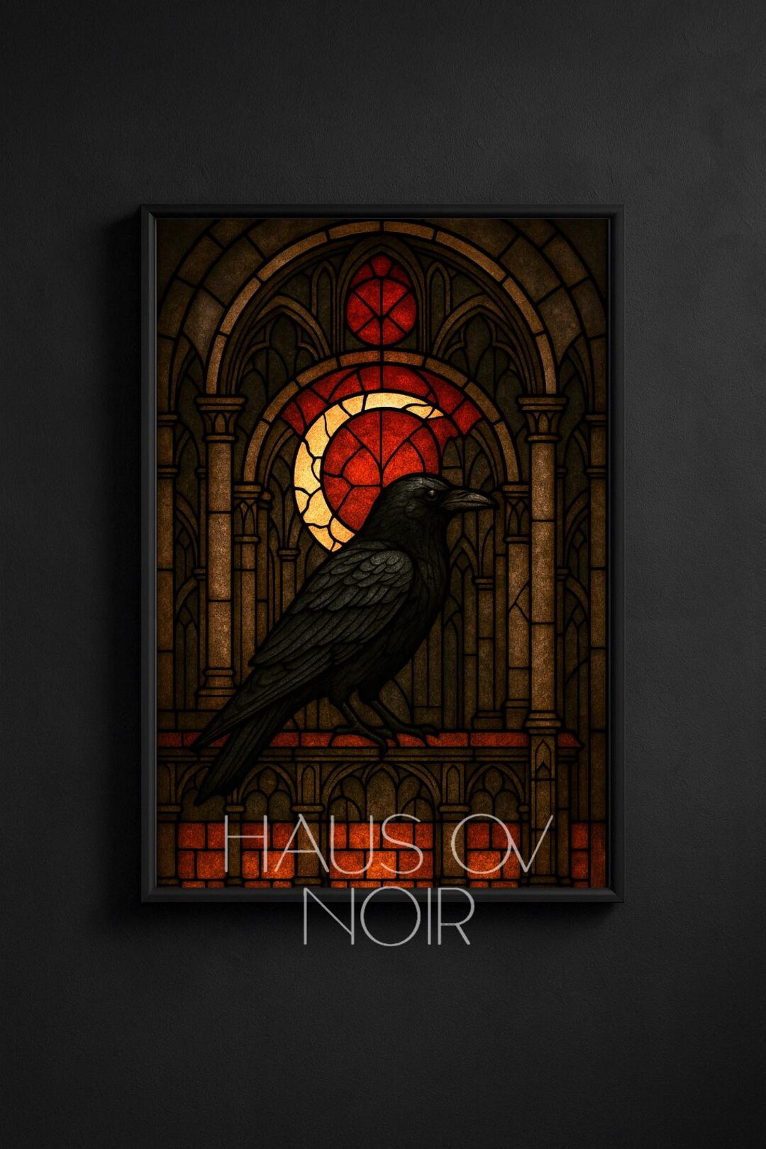 Raven Window Frame Gothic Raven Stained Glass Art, Dark Crow Window Panel, Crescent Moon ...