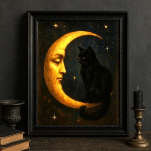 Celestial Watcher Black Cat Print, Vertical Poster, Gothic Witch Occult Art, Oil Painting Home Decor, Dark Art Wall Art, Halloween Decor