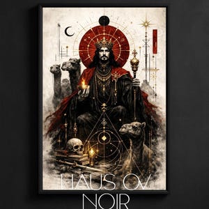 May include: Framed art print featuring a regal figure in a crown and red cape, holding a scepter and a lit candle. The artwork includes camels, a skull, and geometric designs, with the text "HAUS OV NOIR" at the bottom. The color palette is dark with red and gold accents.