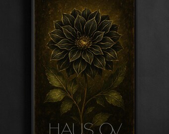 Lámina artística de dalia negra: pintura botánica floral oscura, obra de arte floral vintage gótica, decoración de pared con naturaleza melancólica.