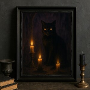 Impresión de gato negro familiar de medianoche, póster vertical, arte ocultista de bruja gótica, pintura al óleo para decoración del hogar, arte mural de arte oscuro, decoración de Halloween
