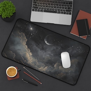 Monochrome Moon Sky Desk Mat - Moon Mousepad, Gothic Mouse Pad, Office Aesthetic, Night Sky Desk Mat, Dark Desk Mat, Celestial Desk