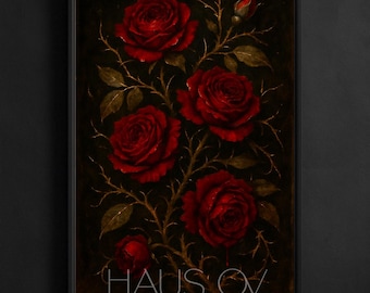 Dunkle Rose Kunstdruck, Gothic Dornige Rosen Malerei, Stimmungsvolle Blumen Wandkunst, Witchy Botanische Illustration, Dark Academia Wohnkultur