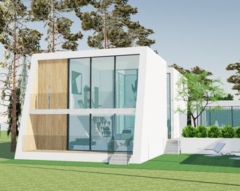 May include: A modern white two-story house with large windows and a wooden accent wall. The house is surrounded by green grass and trees.