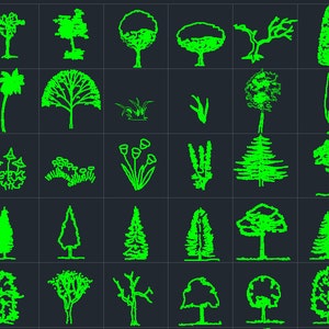 Puede incluir: Una colección de 48 dibujos de línea verde de varios árboles, arbustos y plantas. Los dibujos son simples y estilizados, y todos están sobre un fondo gris oscuro.