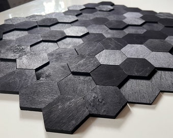 LOT DE 76 PIÈCES I Panneau mural en bois hexagonal 3D I Décoration murale moderne I Panneau mural en bois I Panneau mural acoustique I ÉCO I Décoration naturelle I Couleur noire