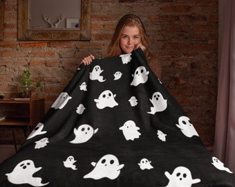 Halloween White Ghost on Black Throw Blanket