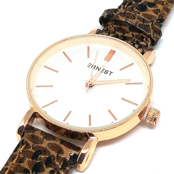 Montre watch femme chic quartz bracelet cuir véritable marron effet peau de serpent aiguille chiffre batton - Rose Gold