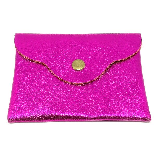 Porte monnaie en cuir véritable couleur fuchsia brillant pour femme - Finitions dorées - Bouton-poussoir - Mode accéssoire.