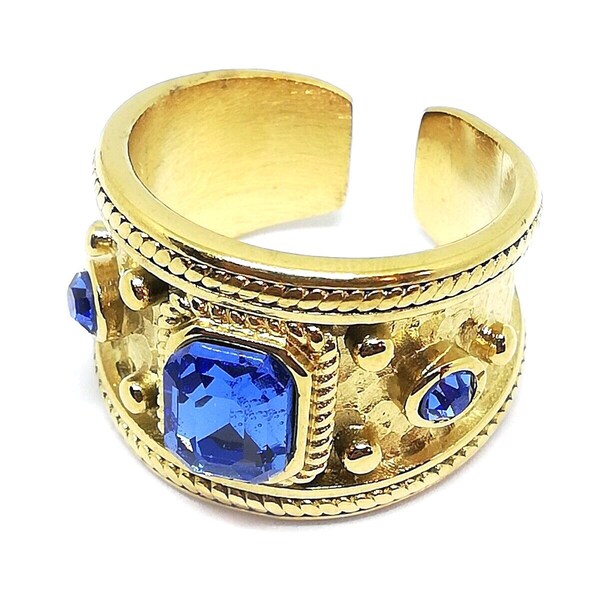 Bague femme bijoux pierre rubis bleu - Ajustable - Acier inoxydable - Doré