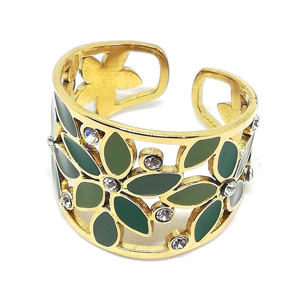 Bague fleur vert bijoux femme pierres diamants acier ajustable doré