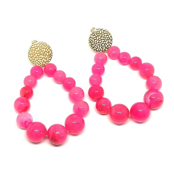 Boucles d'oreilles femme goutte en perles résine fuchsia transparent - Bijoux Mode - Acier - Doré