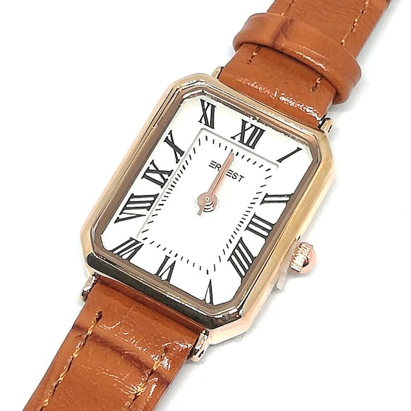 Montre watch femme chic quartz bracelet cuir véritable marron clair cadran aiguille chiffre romain - Rose Or