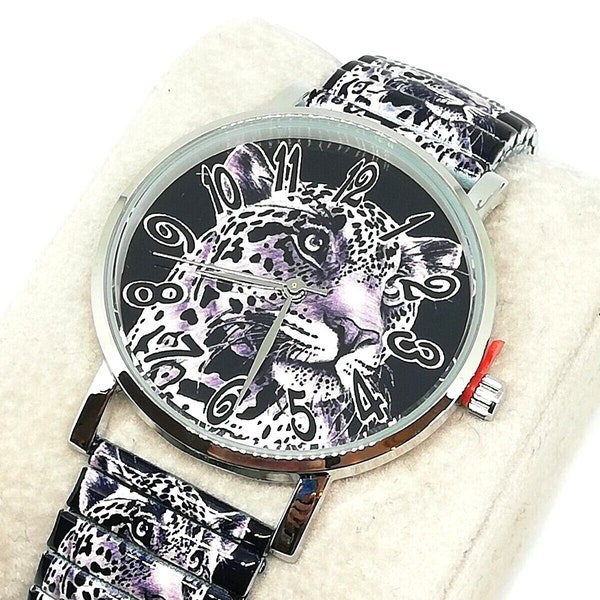 Montre watch quartz femme chic bracelet imprimé léopard noir blanc aiguille chiffre