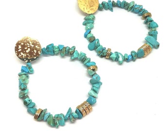 Pendientes de aro con piedra turquesa azul para mujer - Acero inoxidable - Oro